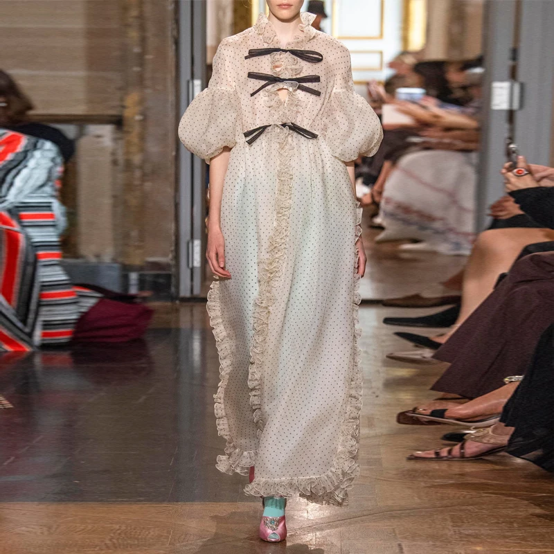 Женское винтажное платье макси Длинное свободное с рукавом-фонариком и оборками