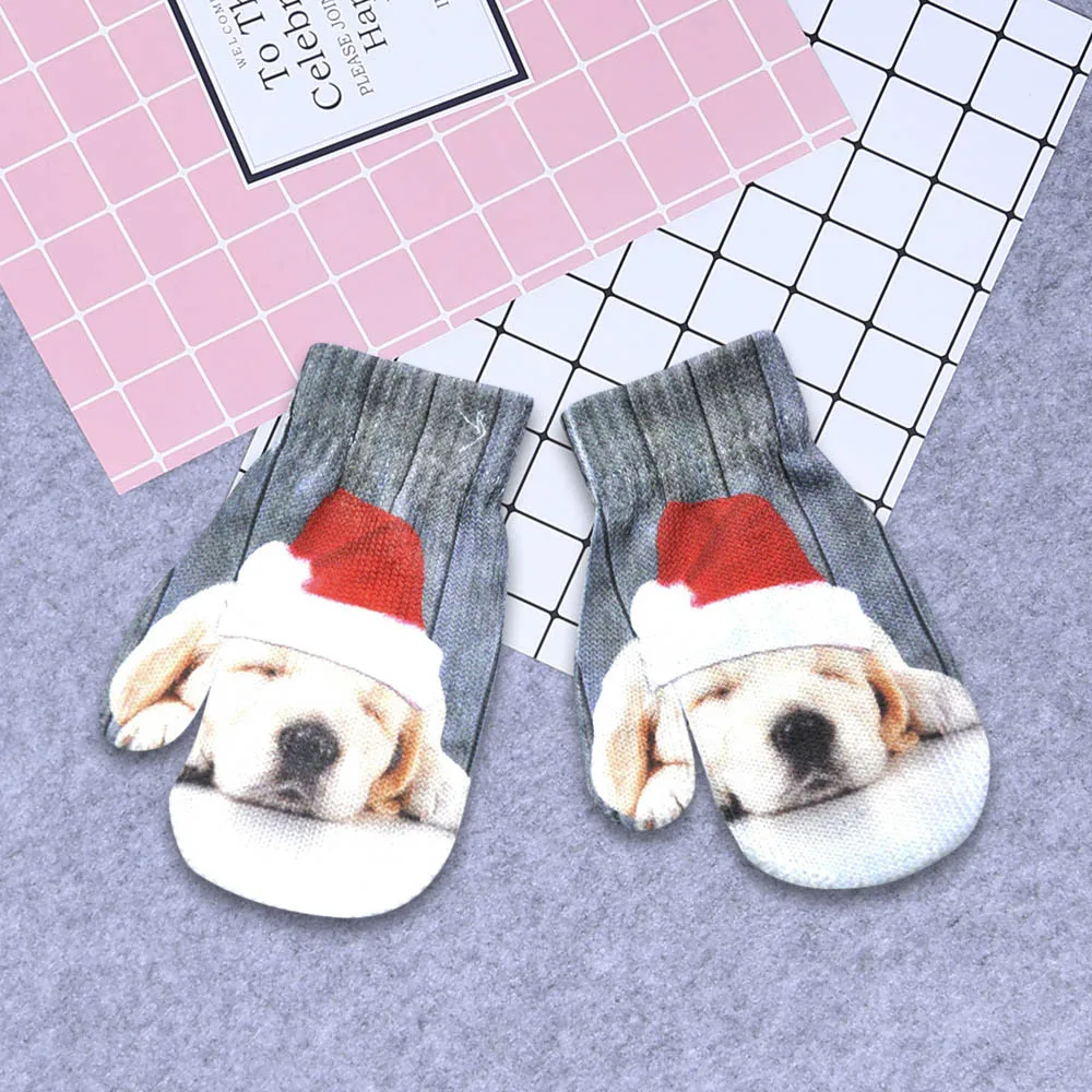 Детские зимние перчатки теплые вязаные рукавицы с объемным животным принтом Kitty