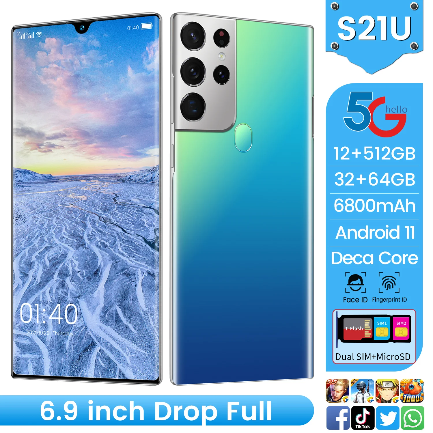 

New Global Version S21U 6.9 Inch Dual SIM Smartphone 6800mAh 16+512GB Full Screen Mobilephone Latest 10 Core 32+64MP Cellphone