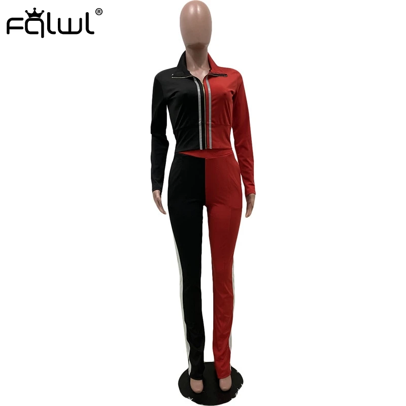 

FQLWL Streetwear Patchwork 2 Two Piece Set Women Outfits Tracksuit Bodycon Crop Top Stacked Leggings Pants Women Matching Sets