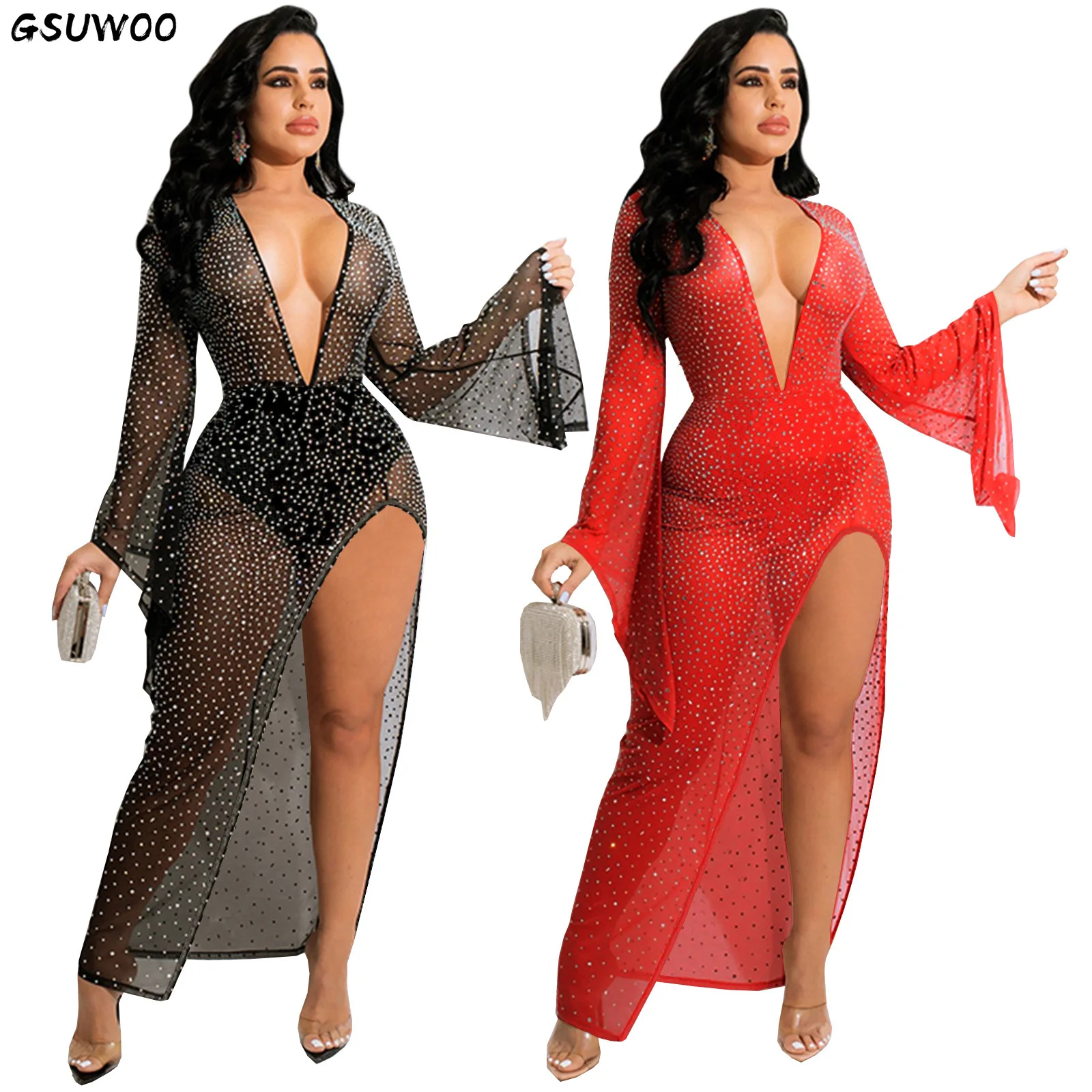 

GSUWOO Women's Long Flared Sleeve Bronzing Sequins See-through Mesh Dress with Panties Deep V Neck High Split Black Red Dresses