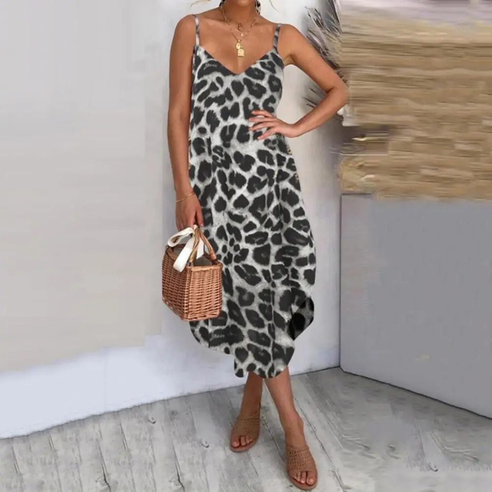 

Women Dresses Sexy V Neck Adjustable Straps Dots Leopard Print Irregular Hem Midi Dress Women's Clothing 2021