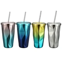 304 stainless steel double layer straw cup irregular shape vacuum cup creative gradient color straw coffee cup car ice water cup
