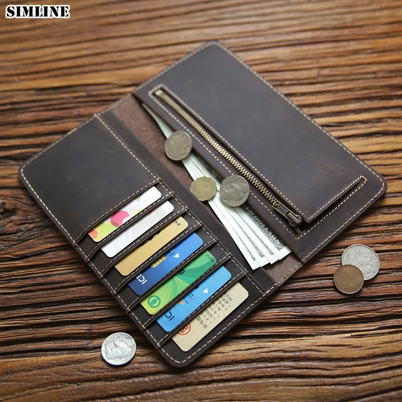 

SIMLINE Genuine Leather Wallet For Men Male Vintage Handmade Real Cowhide Men's Long Purse With Card Holder Zipper Coin Pocket