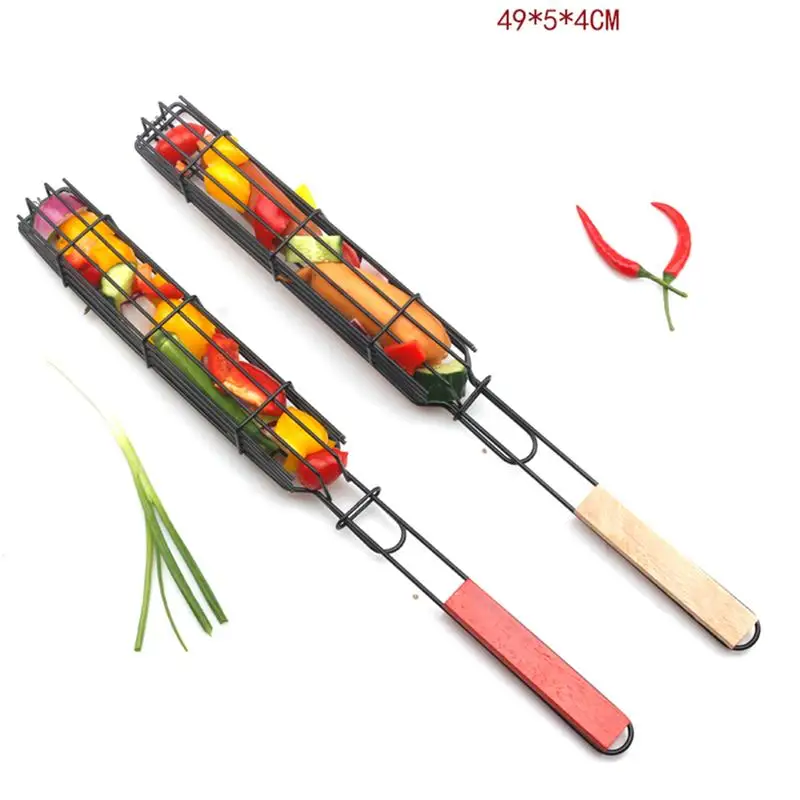 

4 PCS Kabob Grilling Basket Reusable Durable Anti-Corrosion Wooden Handle Barbecue Tool Grill Basket Grill Net For Co-Worker