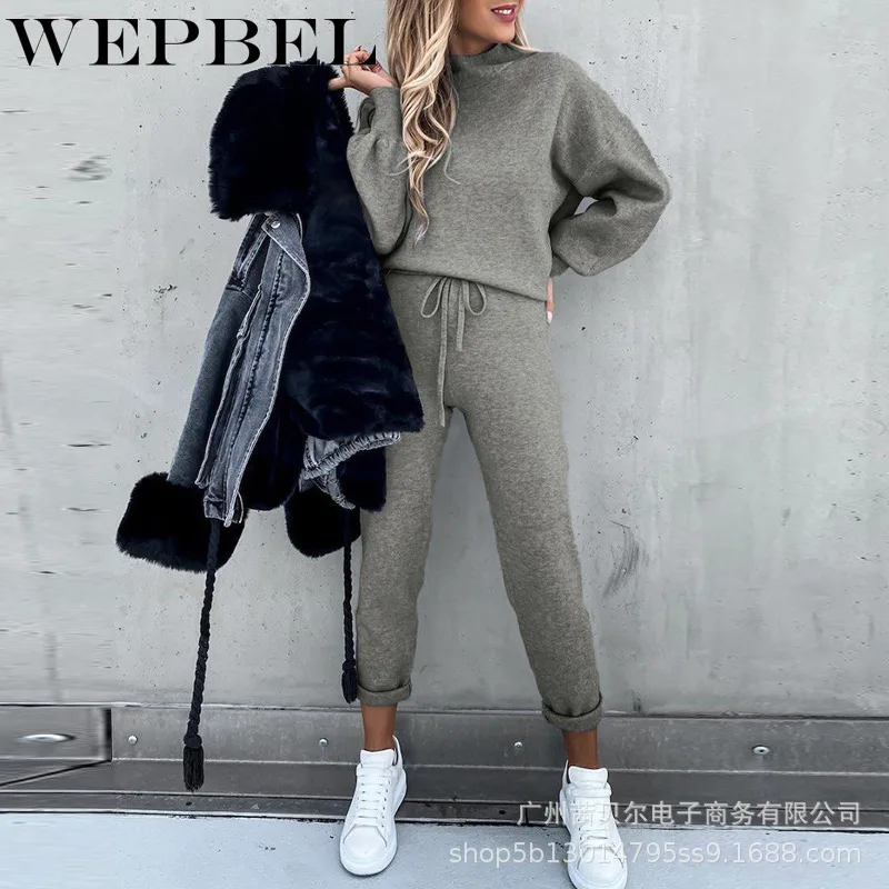 

WEPBEL Autumn Winter 2 Piece Set Women Loose Hoodie Pants Tracksuit Pullover Sweatshirt Trousers with Pockets Outfits Suits