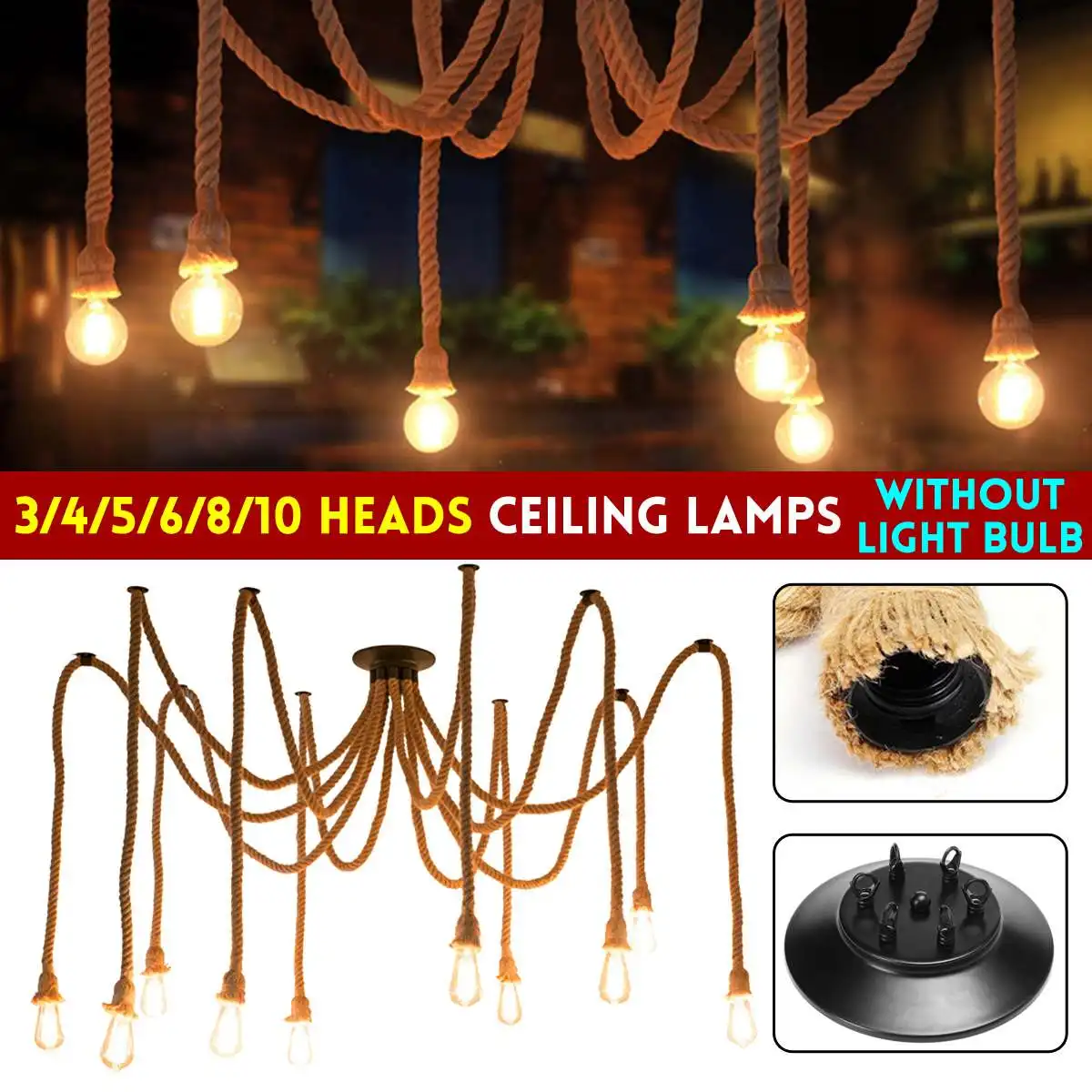 

3/4/5/6/8/10 Heads Hemp Rope Pendant Lights Chandelier Vintage Loft Industrial Hanging Ceiling Lamp Spider Light Decor 1.5M