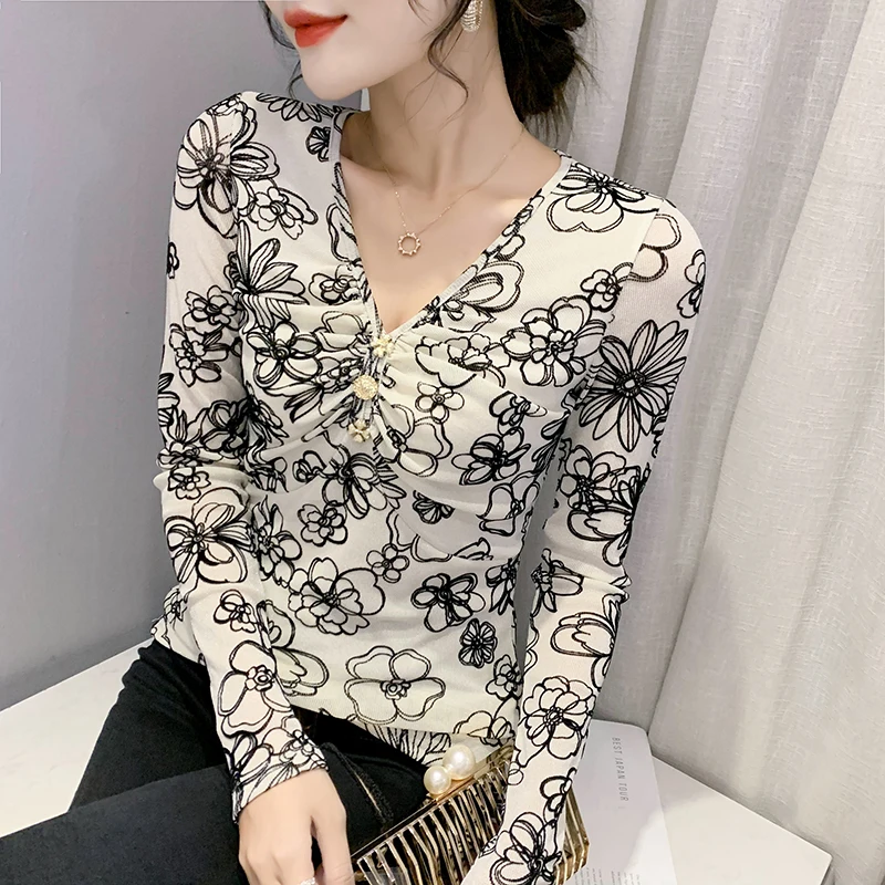

Fall Winter Clothes Lady 2021 T-Shirt Chic Sexy V-Neck Mesh Shiny Women Tops Long Sleeve Bottoming Shirt Tees