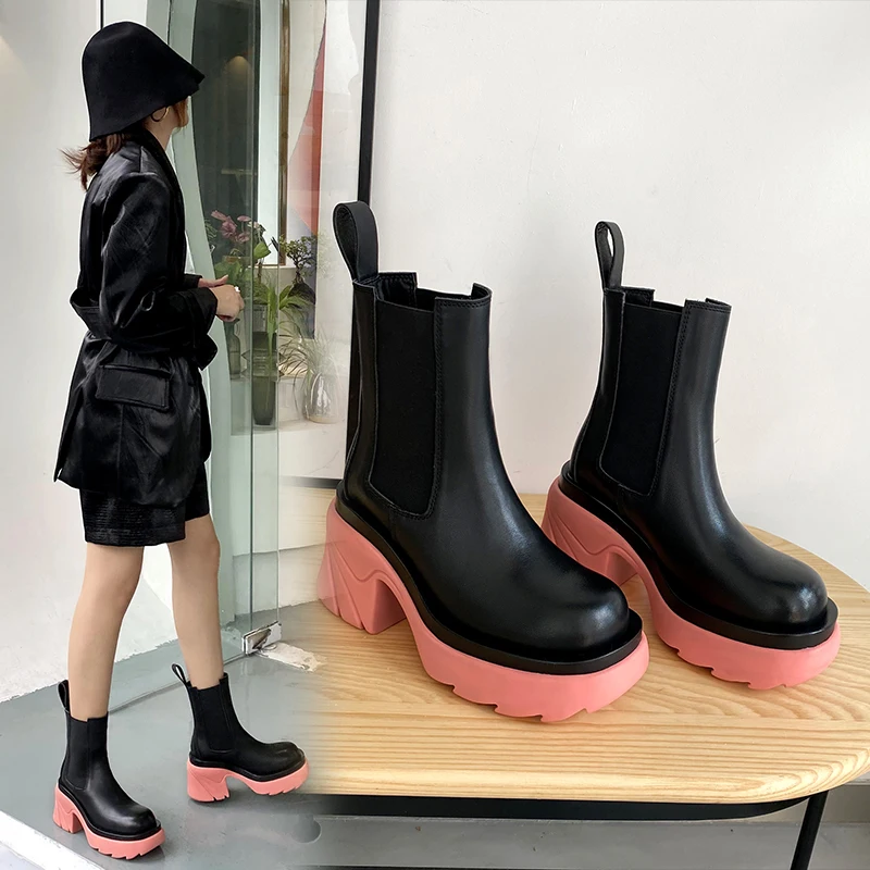 

Women ankle boots natural Leather plus size 22-26cm Cowhide upper Chelsea boots Autumn Knight boots shoe for women Colored soles