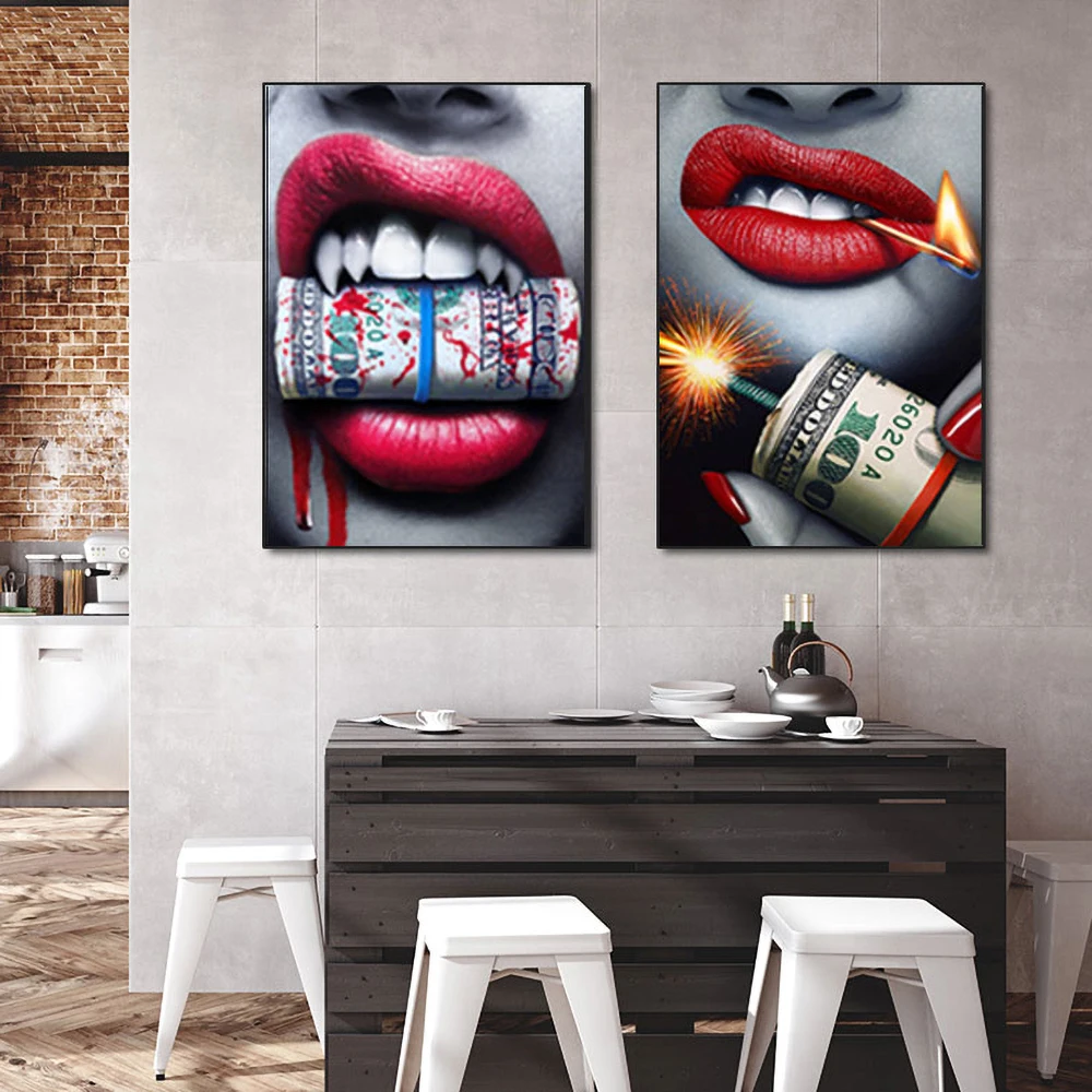 

New Red Sexy Lips Dollar Gun Bullet Picture Canvas Decoration Painting Figure Poster Wall Art Home Decoration for Living Room