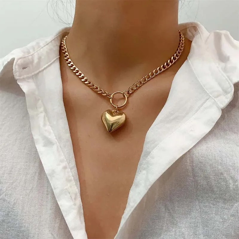 

Thick Chain Simple Choker Clavicle Chain Necklace Korean Heart Pendant Necklace Women 2020 New Fashion Vintage Statement Jewelry