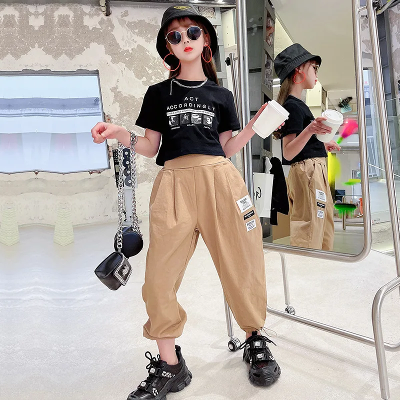 Girls Casual Suit 2021 New Girls Short Tights Top+ Kids Loose Overalls Trousers Children's Performance Dance Suit 2PCS