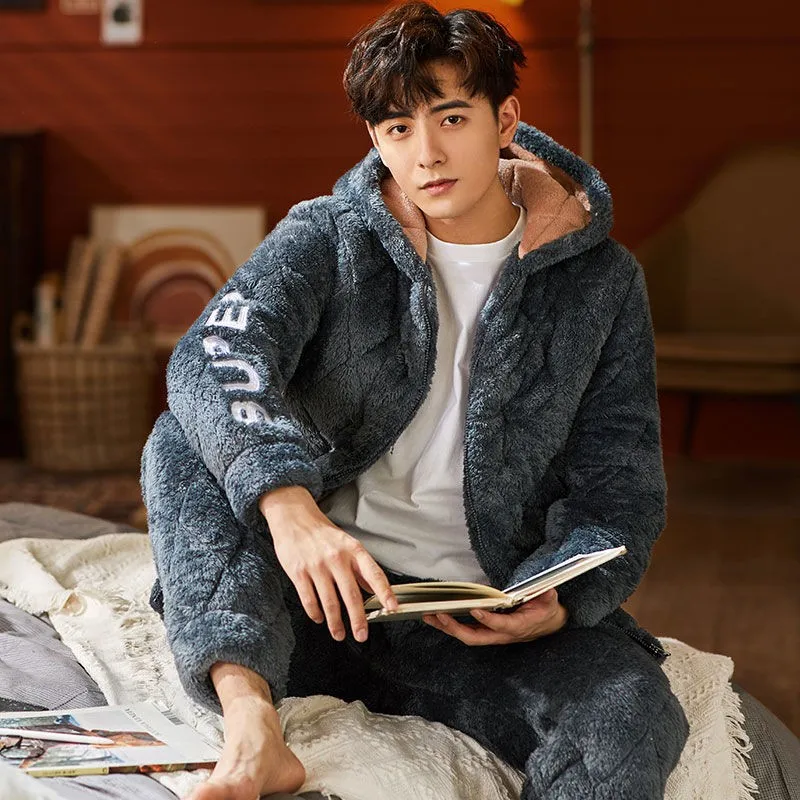 Толстая Коралловая флисовая Пижама комплект из 2 предметов для мужчин зимняя