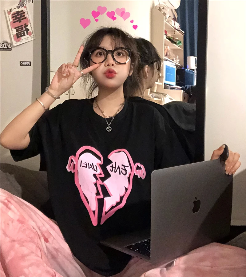 

Tees Female Ins Hipster Chic T Shirts Loose Women's Clothing Summer Style Hipster Casual Tops Fashion Brand Korean Clothes