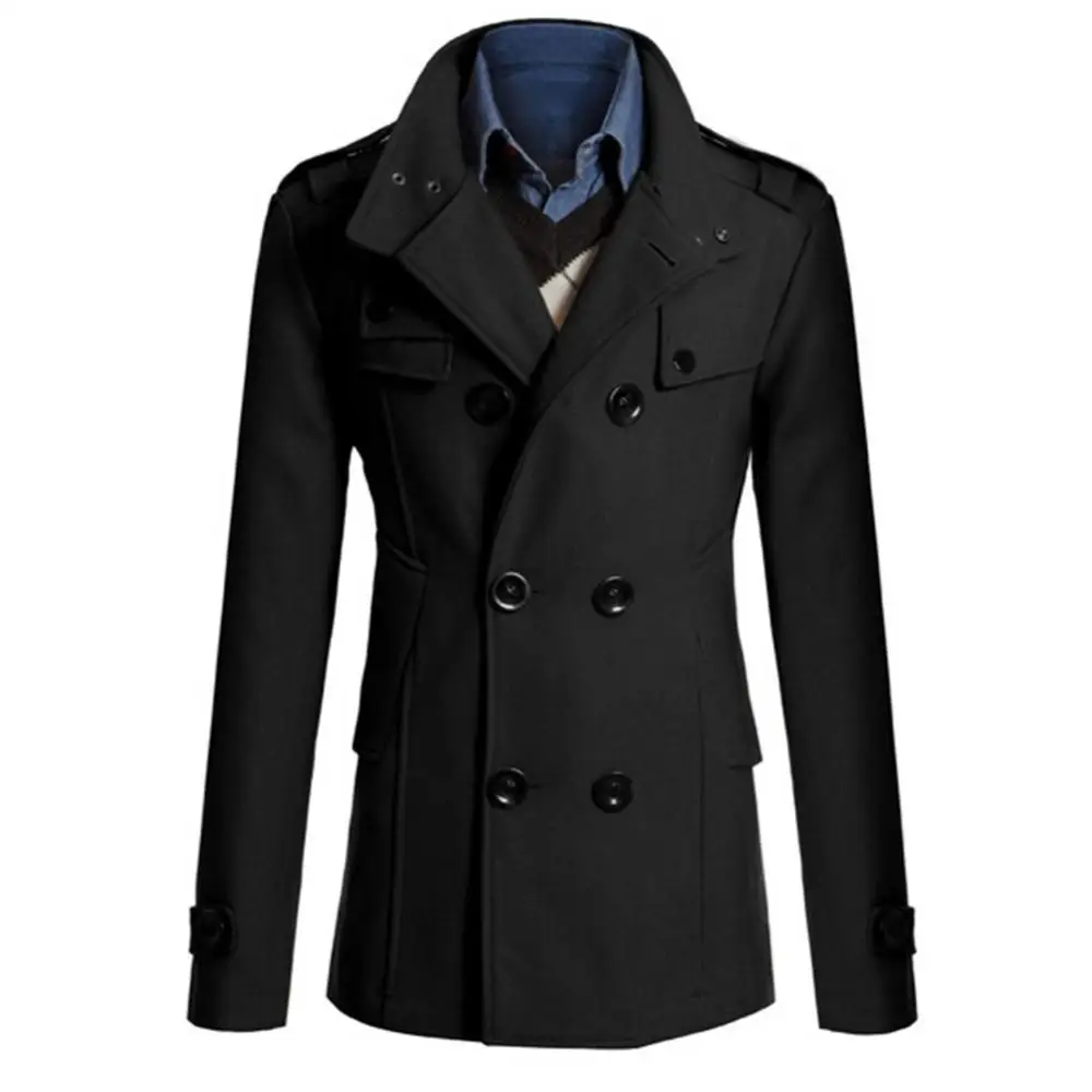Ele-choices M-3XL Men Autumn&Winter Long Sleeve Lapel Collar Double-breasted Pockets Woolen Slim Trench Coat for Daily Work