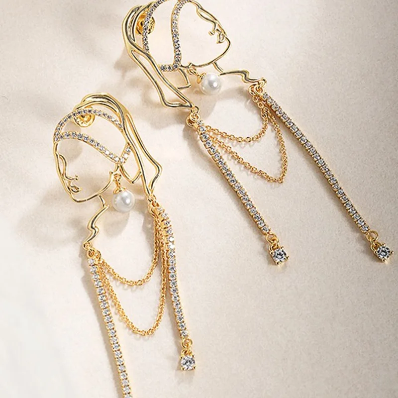 

Sterling Silver Needle Pearl Long Ear Threads Hollow Human Chain Earrings Boho Personalized Earrings Online Influencer Eardrops