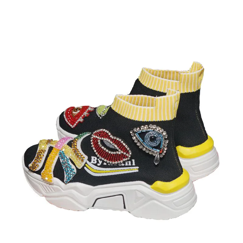

2021 spring new style rhinestone thick-soled stretch knitted socks shoes tide brand heavy industry high-top casual shoes women