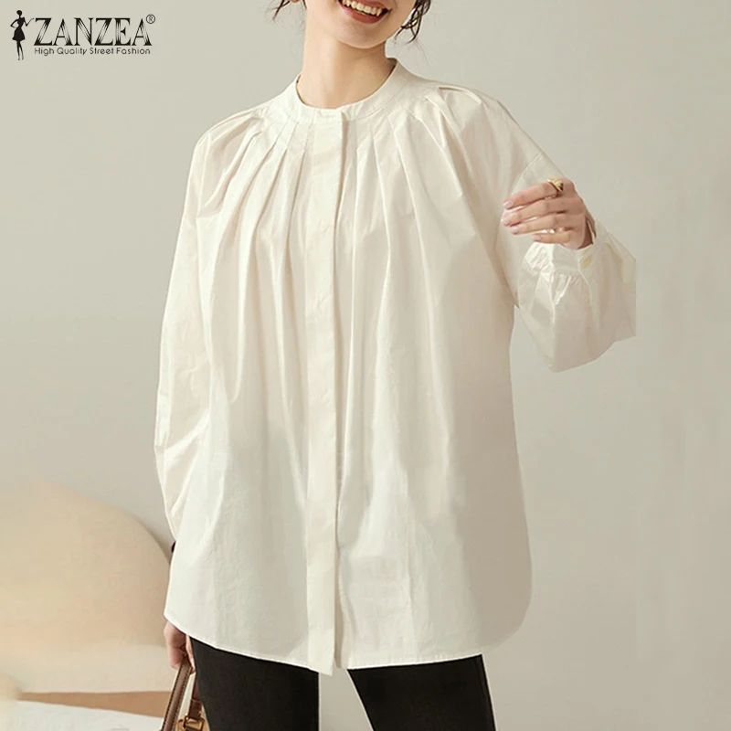 

2022 ZANZEA Autumn Women Full Sleeve Blouse O-Neck Solid Button Chemise Bohemian Loose Casual Elegant Holiday Beach Blusas Tops