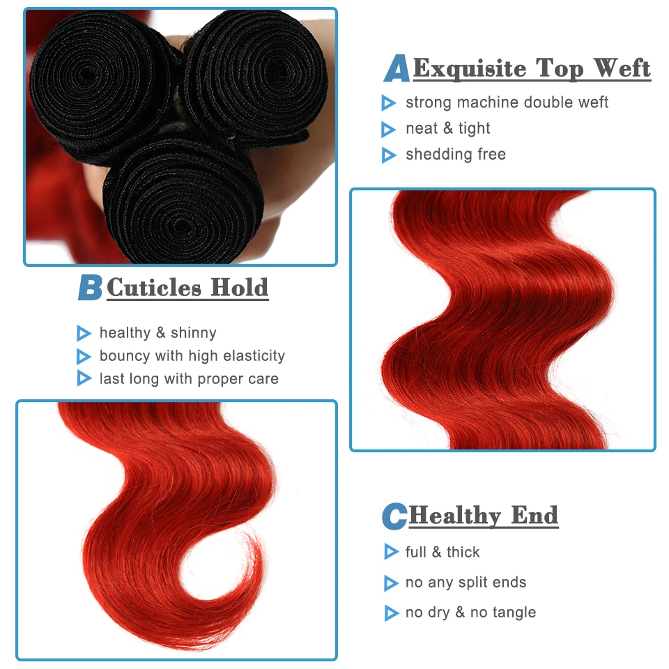 Remyblue 1B человеческие волосы пряди с закрытием красные волнистые бразильские 3 100