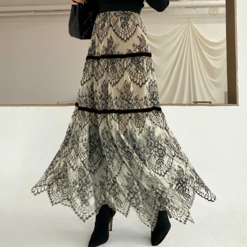 Винтажная Цветочная кружевная трапециевидная Макси-юбка с ресницами пикантная