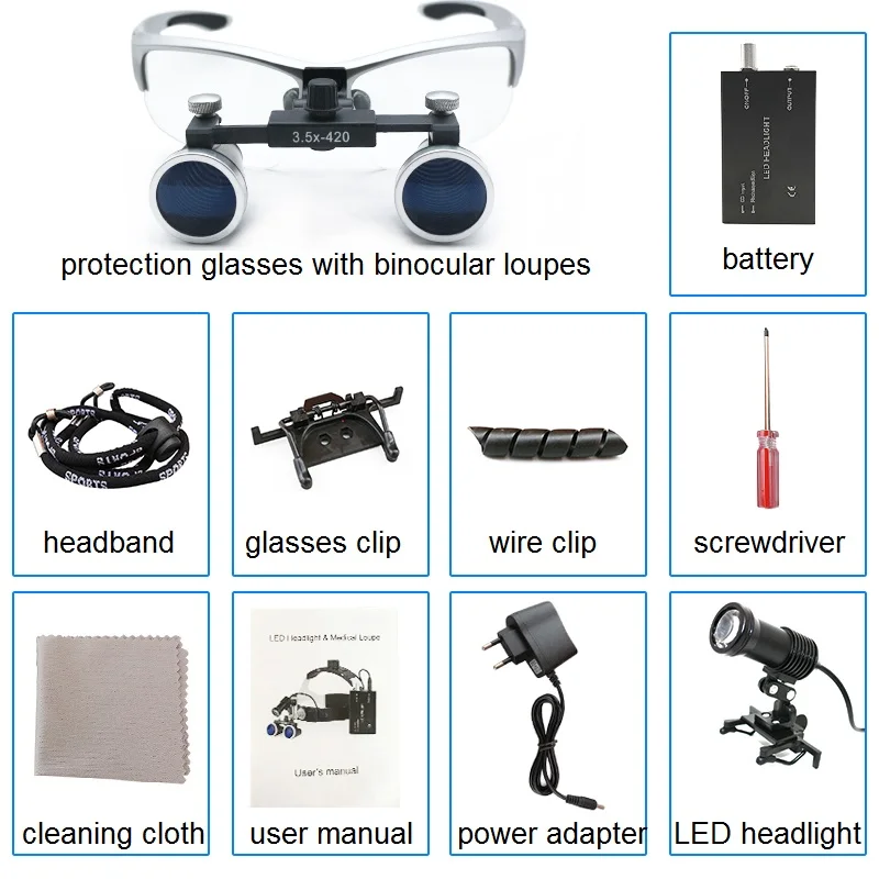

2.5X/3.5X 420 mm Dental Loupe Magnifier Binocular Magnifier Surgery Surgical Medical Operation Loupe with Spotlight Head Light