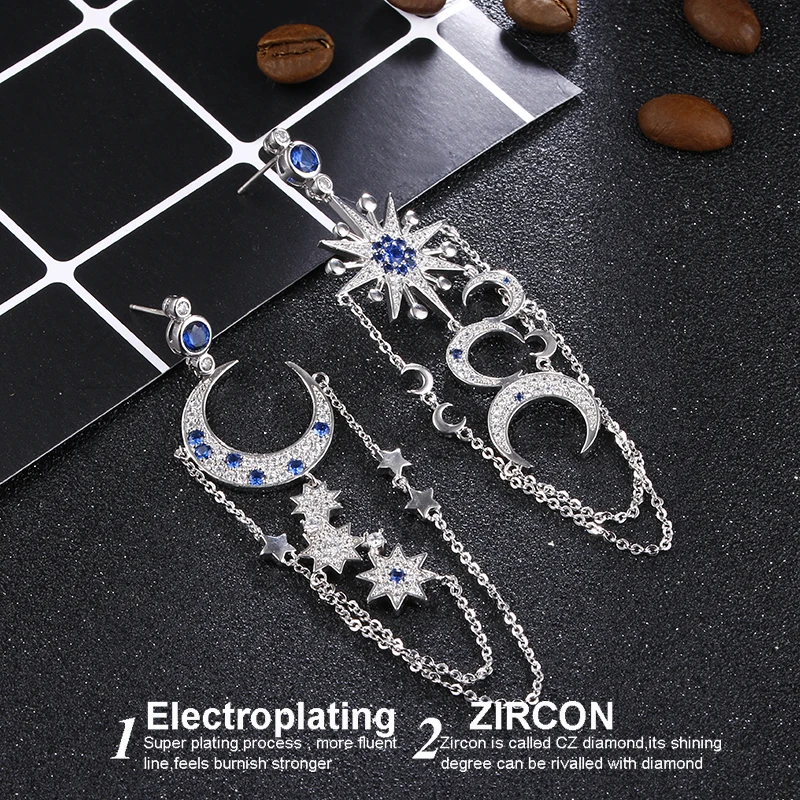 LXOEN Romantic Luxury Moon Star Drop Earrings For Women Bohimian Beaded Blue CZ White Gold color Earing Bijoux E359 | Украшения и