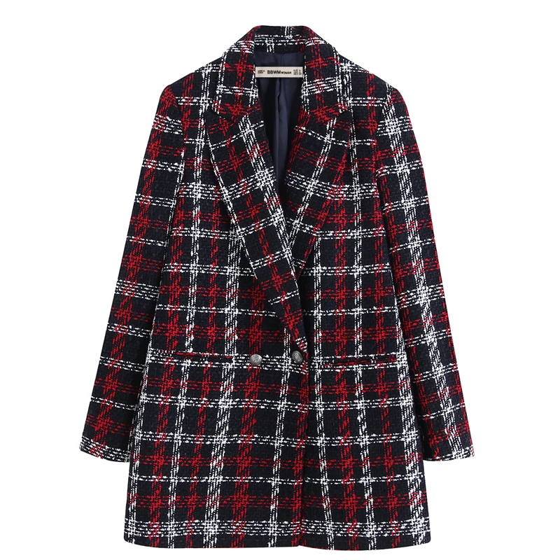 Женский клетчатый пиджак элегантный двубортный с карманами и длинным рукавом IJ