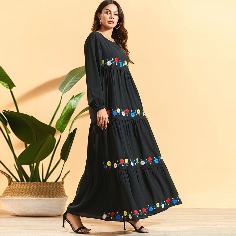 Женское Макси Платье с цветочной вышивкой Siskakia черное свободное плиссированное