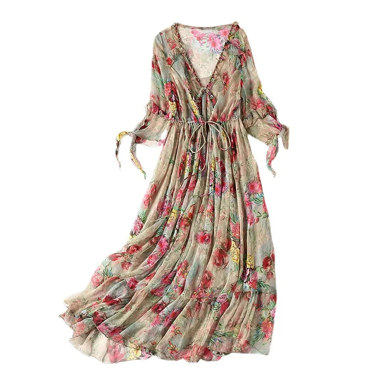 

2021 Mid-length skirt temperament commuter high-waist printed pullover mulberry silk diamond-studded drawstring loose dress