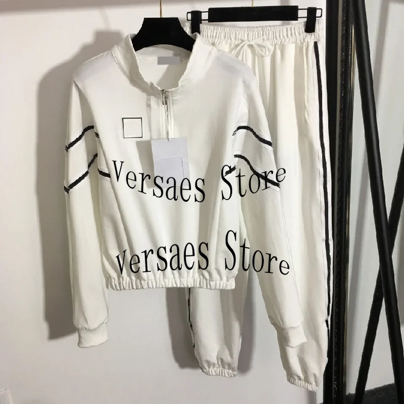 

luxury design fashion women simple sports suit versatile slim fit semi zipper long sleeve Pullover Top + high waist casual pants