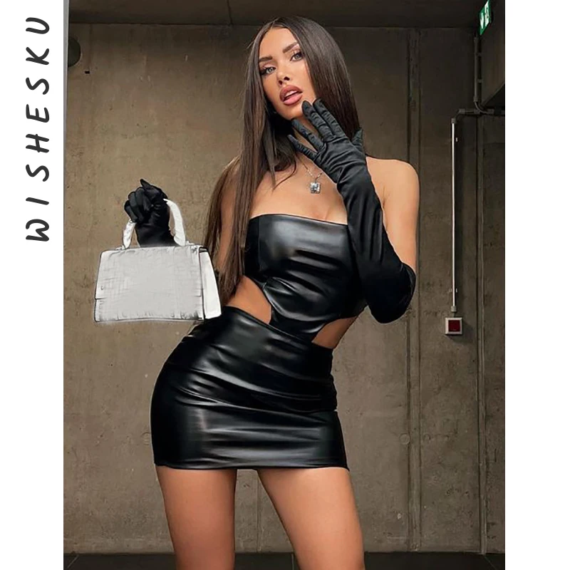 

Женское Короткое платье из ПУ кожи, черное облегающее платье без бретелек с открытой спиной и вырезом, одежда в готическом стиле для вечерни...