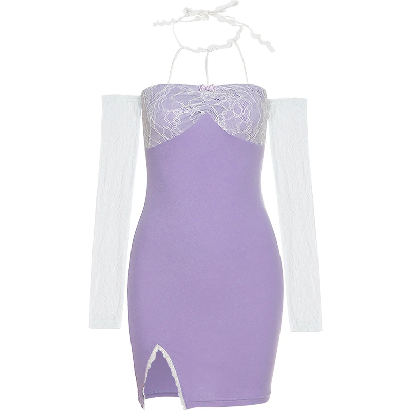 

XUXI Women French Lace Halter Strap MINI Dress Sexy Shoulder Bag Hip Skirt Summer 2021 E1625