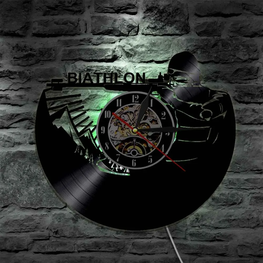 Настенные часы для домашнего декора зимнего биатлона спорта стрельбы виниловой