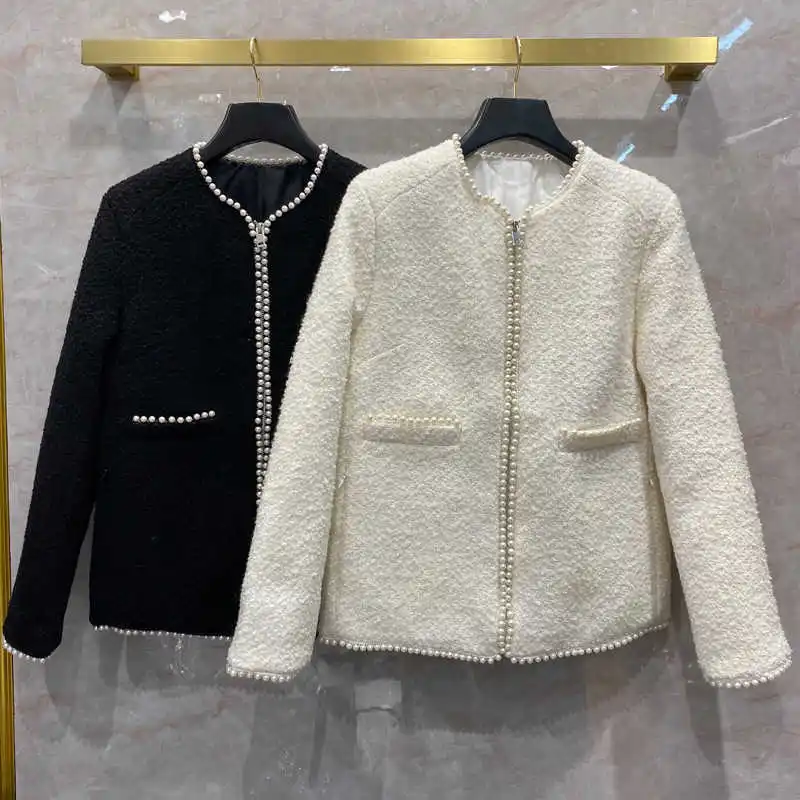 

New Designer arrival Women's High quality Wool coat Hot fashion pearls beading tweed ovecoat C706