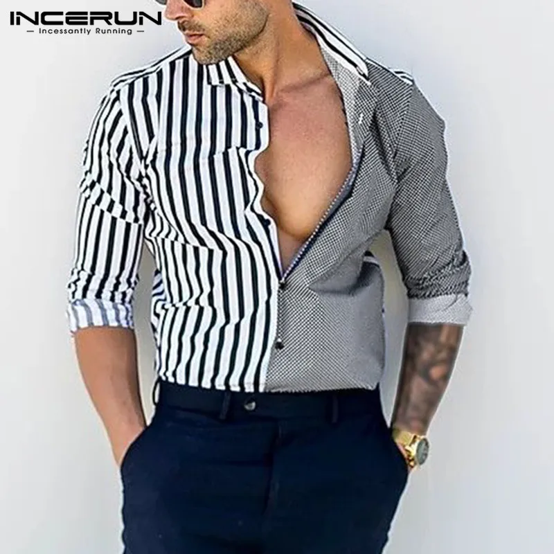 

Man Casual Patchwork Lapel Neck Loose Shirt INCERUN Fashion Striped Men Shirts Long Sleeve Spring Button Blouse Streetwear S-5XL