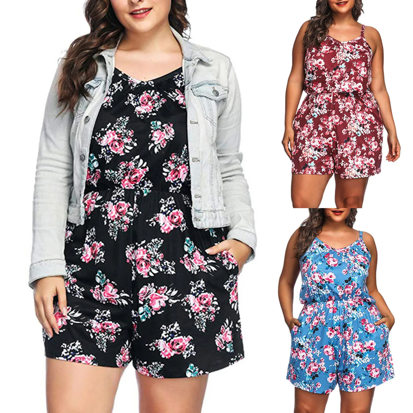 

Short Jumpsuit Summer Women Plus Size Casual Sleeveless Loose Sling Rompers Ladies Fashion Flower Printing Casual Playsuit