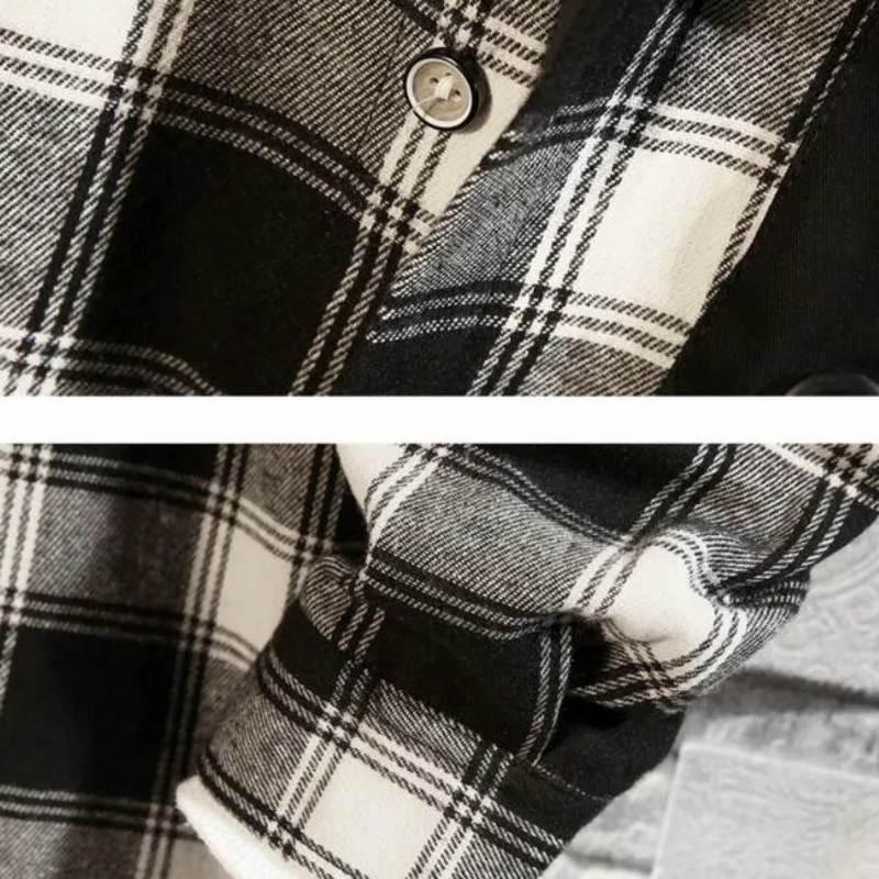 

#6965 Loose Cotton Japanese Streetwear Hip Hop Shirts For Men Letter Print Lapel Collar Casual Plaid Shirt Men Yellow Black Red