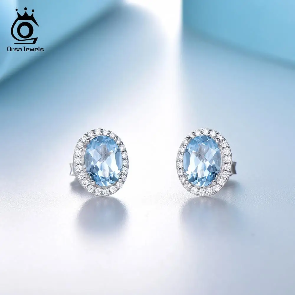 ORSA JEWELS твердые 925 пробы серебряные серьги-гвоздики для женщин подлинный голубой топаз роскошные женские ювелирные изделия VSE05