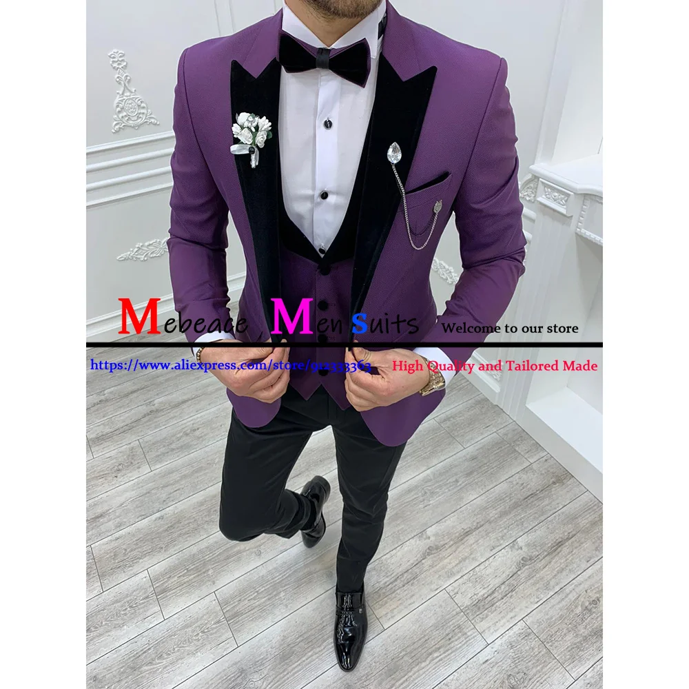 

2021 фиолетовые индивидуальные мужские костюмы из 3 предметов, модные облегающие костюмы для шафера, смокинги для жениха, Свадебный блейзер (пиджак + брюки + жилет)
