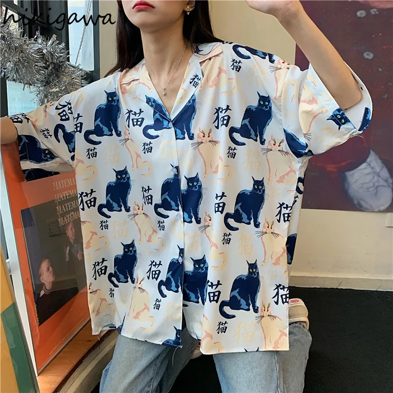 

Hikigaya Harajuku BF Style Plus Size Shirt Women Summer Vintage Short Sleeve Turn Down Collar Blouse Korean Fashion Print Tops