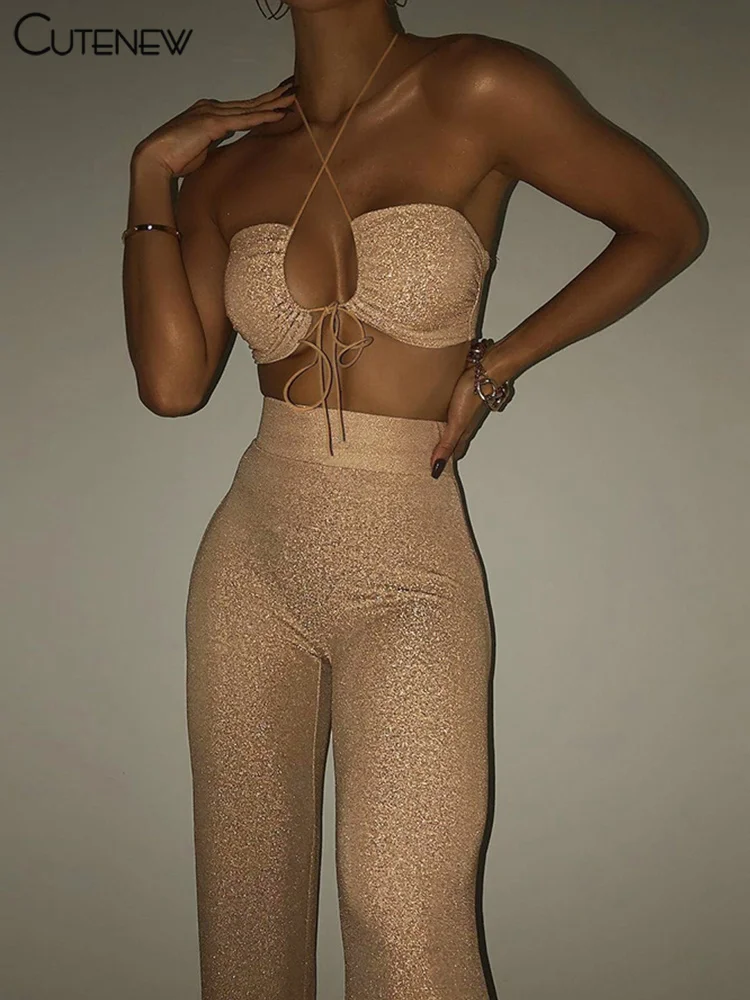 

Cutenew Fashion Shining Two Piece Sets Women Sexy Hollow Halter Crop Tops+High Waist Stretch Slim Pants Matching Lady Streetwear
