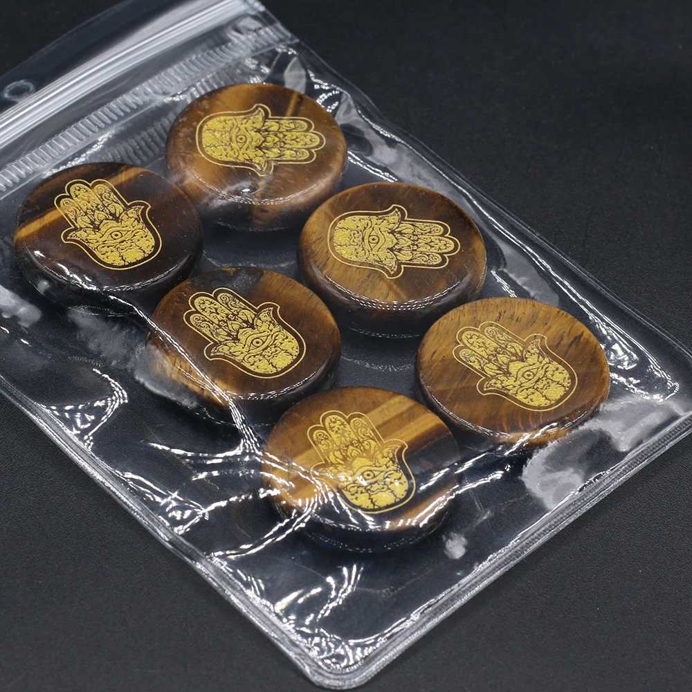 

6Pcs Religion Round Beads Fashion Natural Tiger Eye Stone Aura Healing Mafati Palm Pattern Gems for Unisex Charm Jewelry Gifts