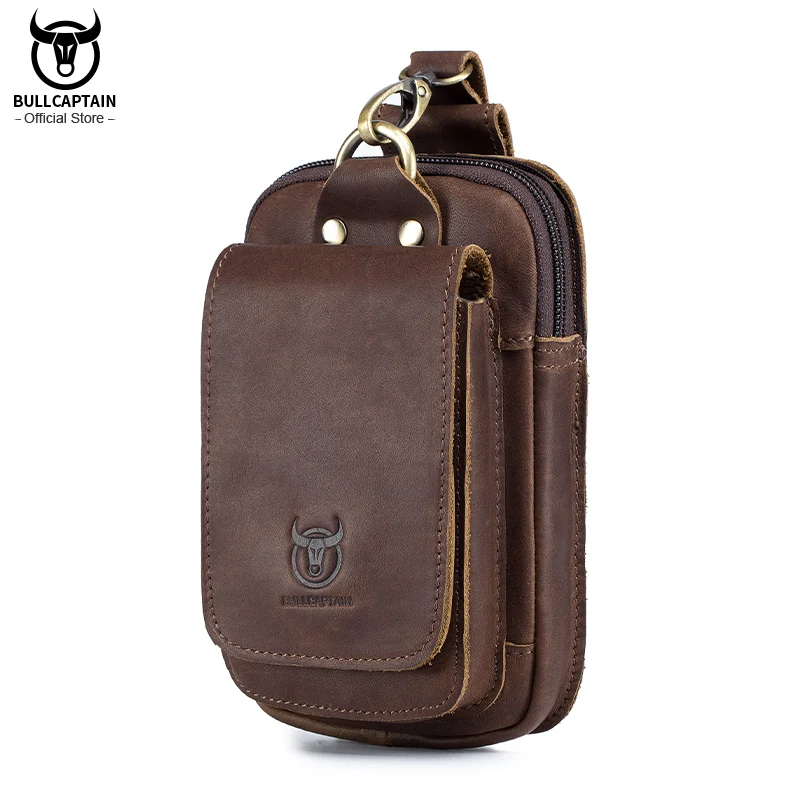 BULLCAPTAIN Fashion Quality Leather Small Summer Pouch Hook Design Waist Pack Bag Cigarette Case 6 Phone Pouch Waist Belt Bag