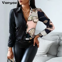 2021 women fashion elegant scarf chain print button design shirt long sleeve patchwork spring autumn officewear blouse women