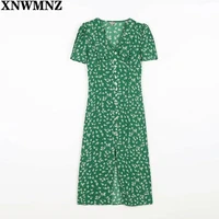 xnwmnz summer womens dress 2021 v neck short sleeve women dresses a line print vestido de mujer french chic elegant midi robe