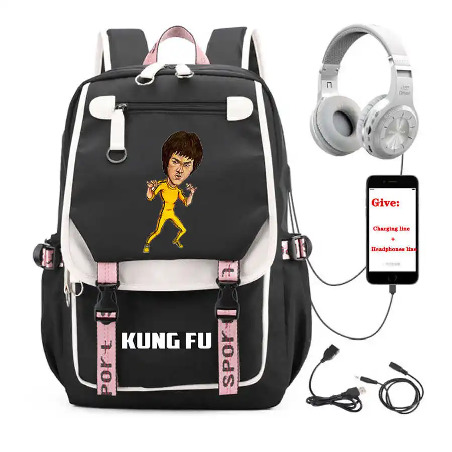 

USB Charging teenagers Laptop packsack China Kungfu Star Cartoon backpack student School book Bag Women men Travel Backpack