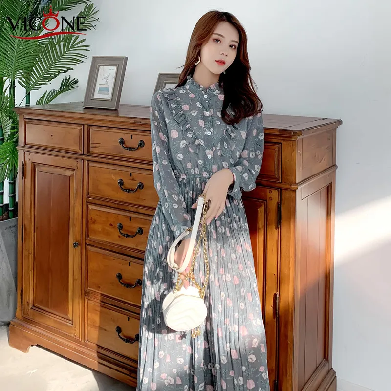 Женское платье-миди с длинным рукавом и оборками | Женская одежда