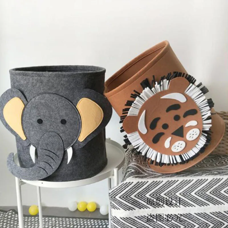 Cartoon Animal Felt Storage Bucket Dirty Clothes Toy Round Lion Shark Elephant Pattern | Дом и сад
