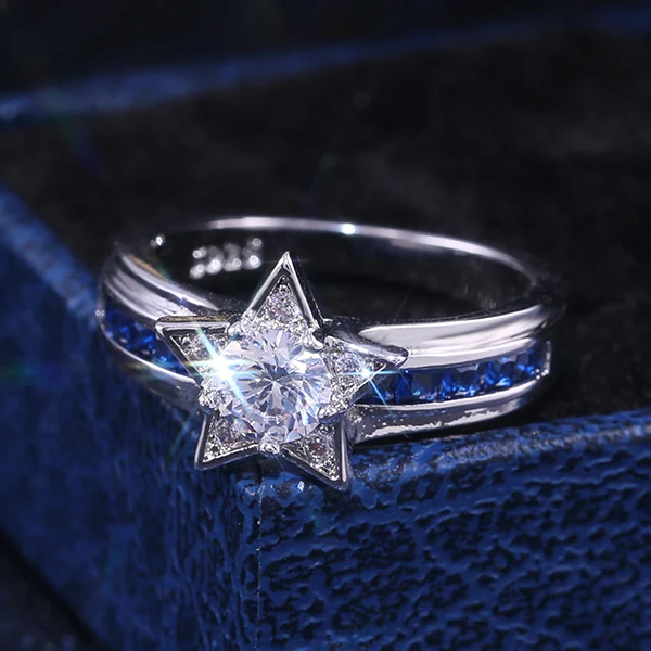 

HUITAN Luxury Shiny Star Ring Dazzling Brilliant Cubic Zircon Crystal Blue&White Stone Wedding Engagement Romantic Jewelry Ring