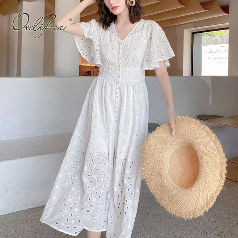 

Ordifree 2022 Summer Women Embroidery Party Dress Short Sleeve White Lace Slit Maxi Tunic Beach Dress Vocation